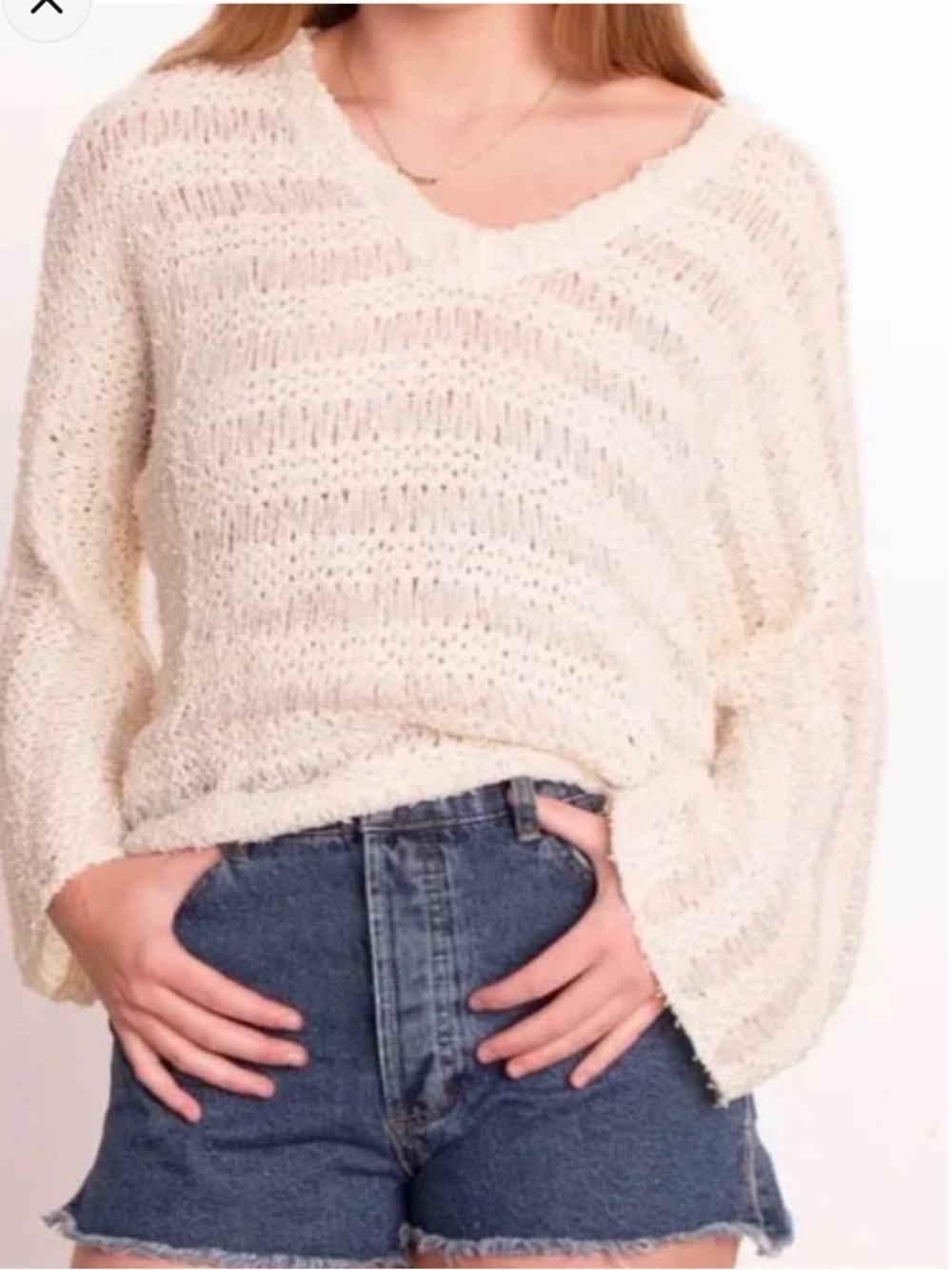 ELAN Oversized Crochet‎ V-neck Flare Sleeve Open Knit Sweater, Medium